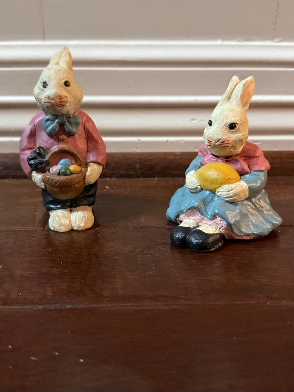 Pair of Vintage Bunny Figurines - Pastel Pink & Blue